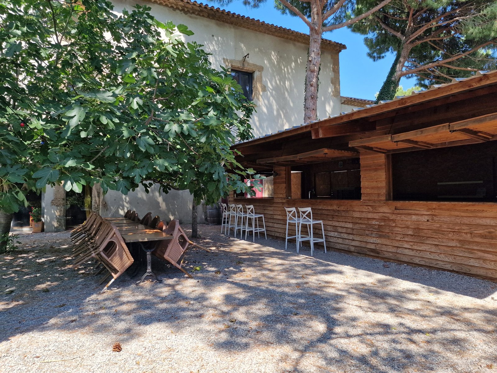 Bar extérieur en bois et grande table sous les arbres dans un gîte de groupe à Narbonne